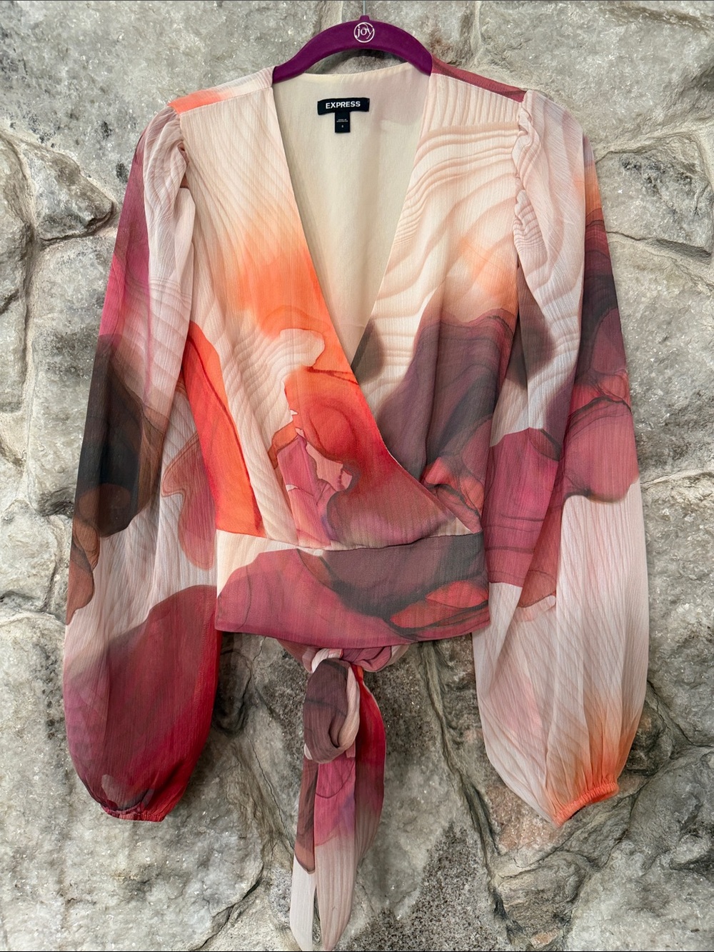 Express Watercolor Tie-Front Wrap Blouse in Coral, Pink and Cream
